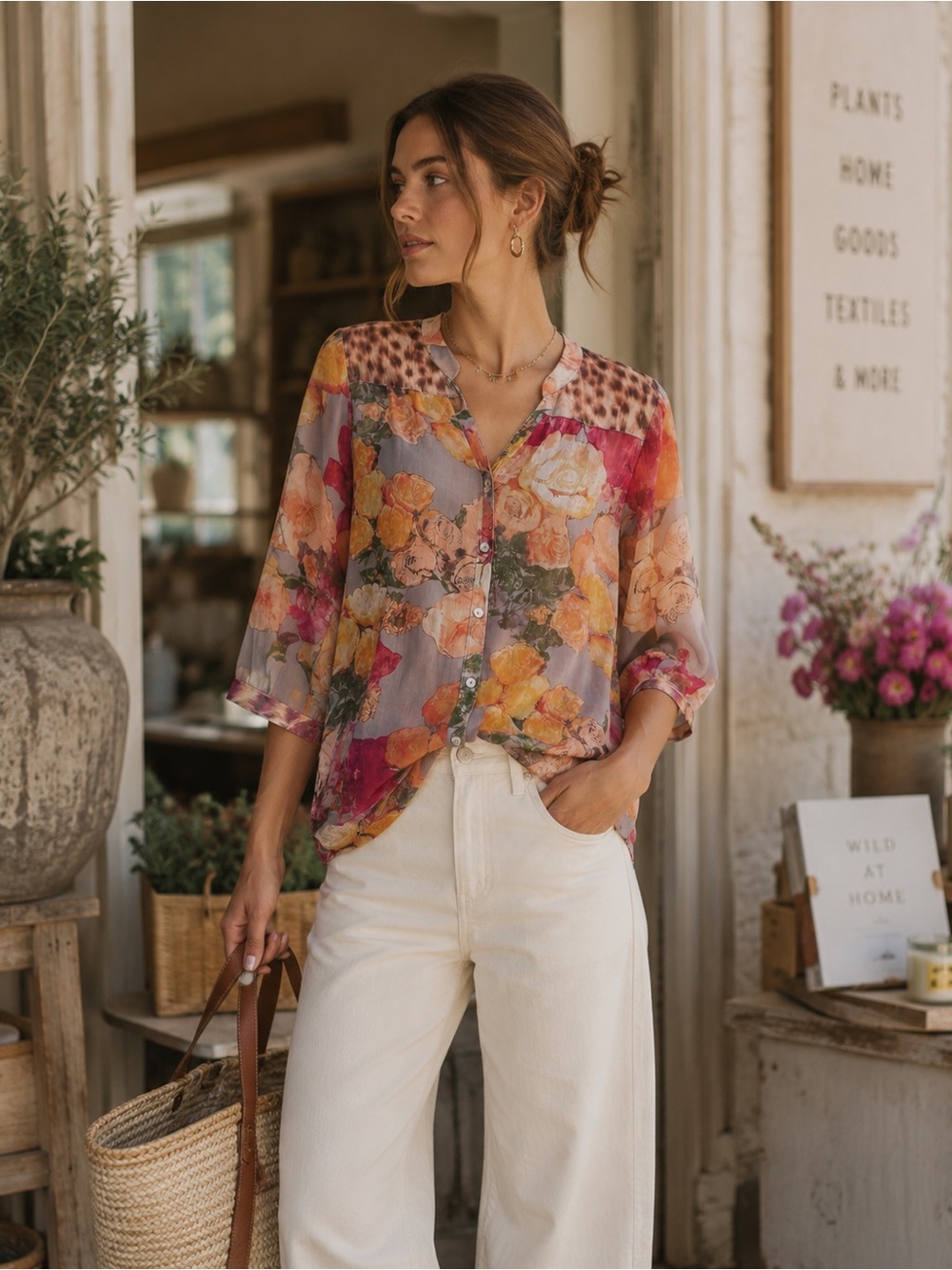 FIGUEROA FLOWER 2pc Cecilia Floral Button Up Or Tie Tunic Top Cami Petite MEDIUM